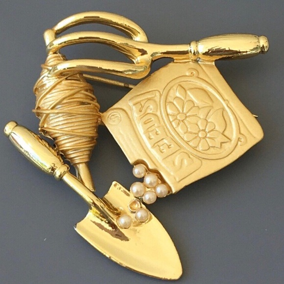 ASHLEY COOPER Vintage Gardening Tools and Dainty Pearl Seed Bead Brooch Signed - Picture 2 of 9